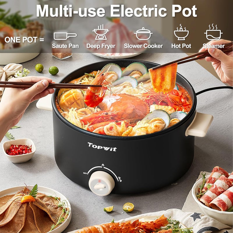 TopWit Hot Pot Electric, 4L Electric Pot with Non-Stick Coating, Dual Power Electric Cooker for Deep Frying, Steak, Pasta, Multi-Functional Large Capaity Shabu Shabu Pot for Party, Dark Black - Image 3